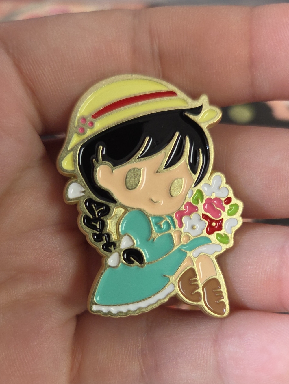 Turquoise Enamel Girl Pin with Yellow Hat - Cute Floral Accessory Sophie Howl